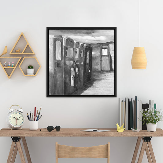 Old Gas Pumps Canvas | Monochrome White Framed Wall Art