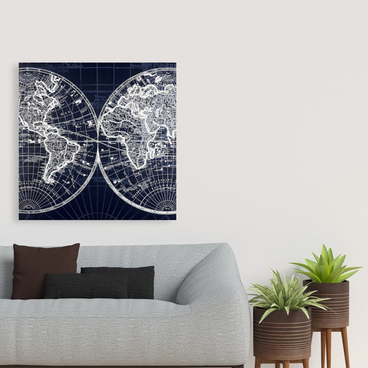 Blue World Map Industrial Canvas | Bedroom Home Decor Wall Art