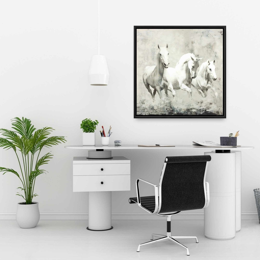 Three White Horses Running Canvas | Western Farm Decor