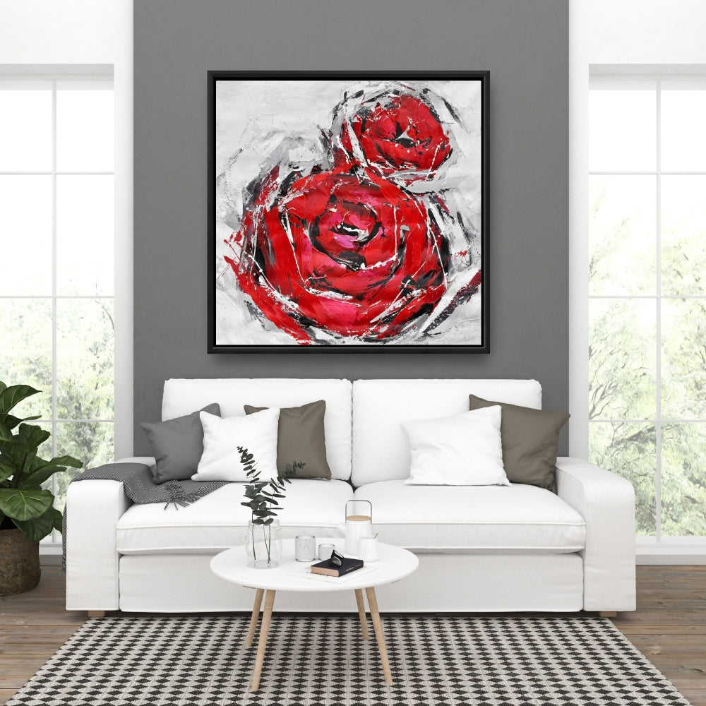 Toile botanique grise pour chambre à coucher | Décor abstrait de roses rouges