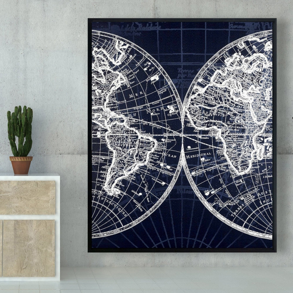 Toile encadrée représentant une carte du monde | Décoration de chambre bleue