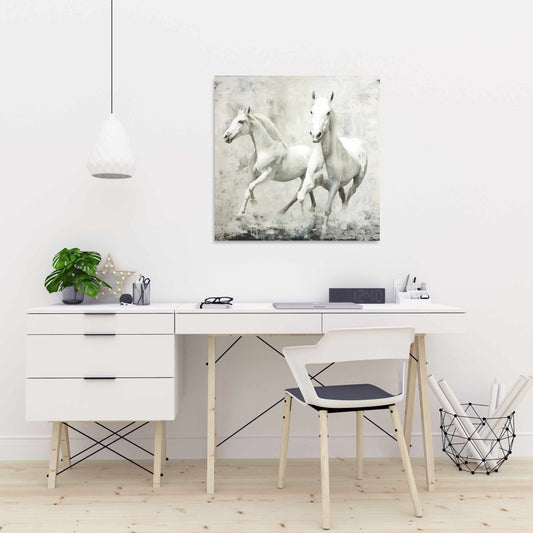 Toile représentant deux chevaux blancs au galop | Décoration d'intérieur western