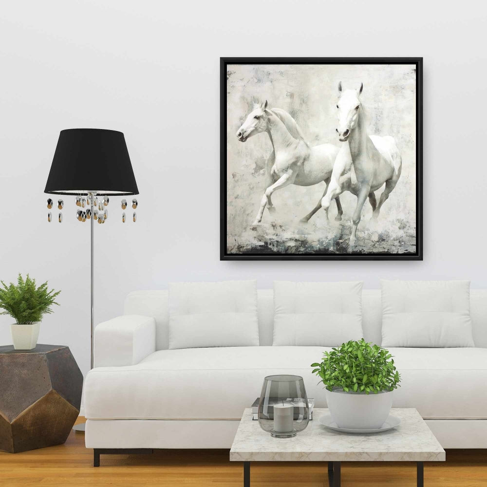 Two White Horses Running | Farm Animals Framed Canvas Decor