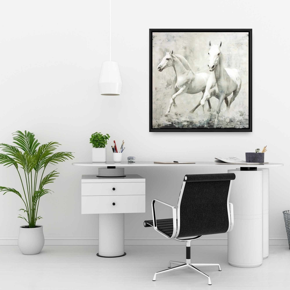 Two White Horses Running | Farm Animals Framed Canvas Decor
