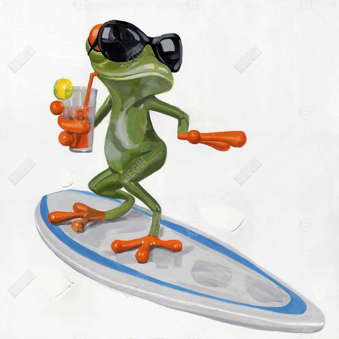 Toile « Grenouille amusante surfant » | Décoration d'intérieur avec cadre vert