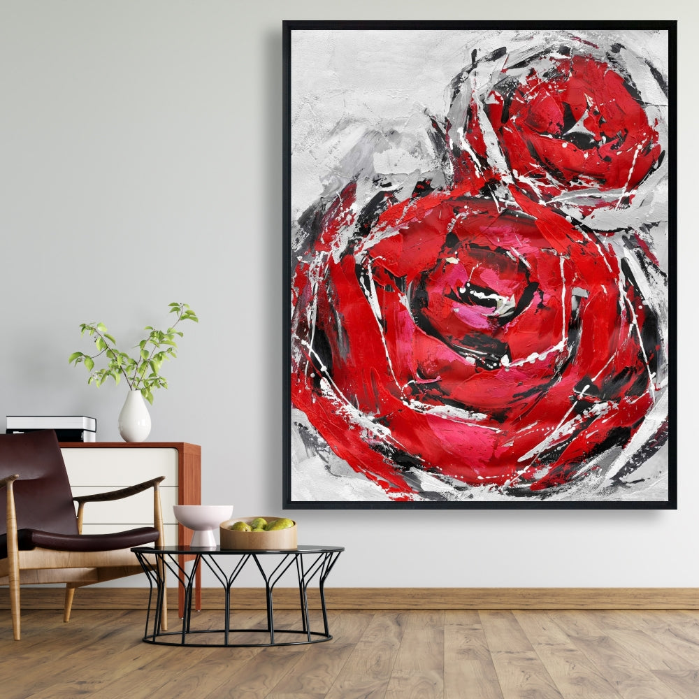 Toile botanique grise pour chambre à coucher | Décor abstrait de roses rouges