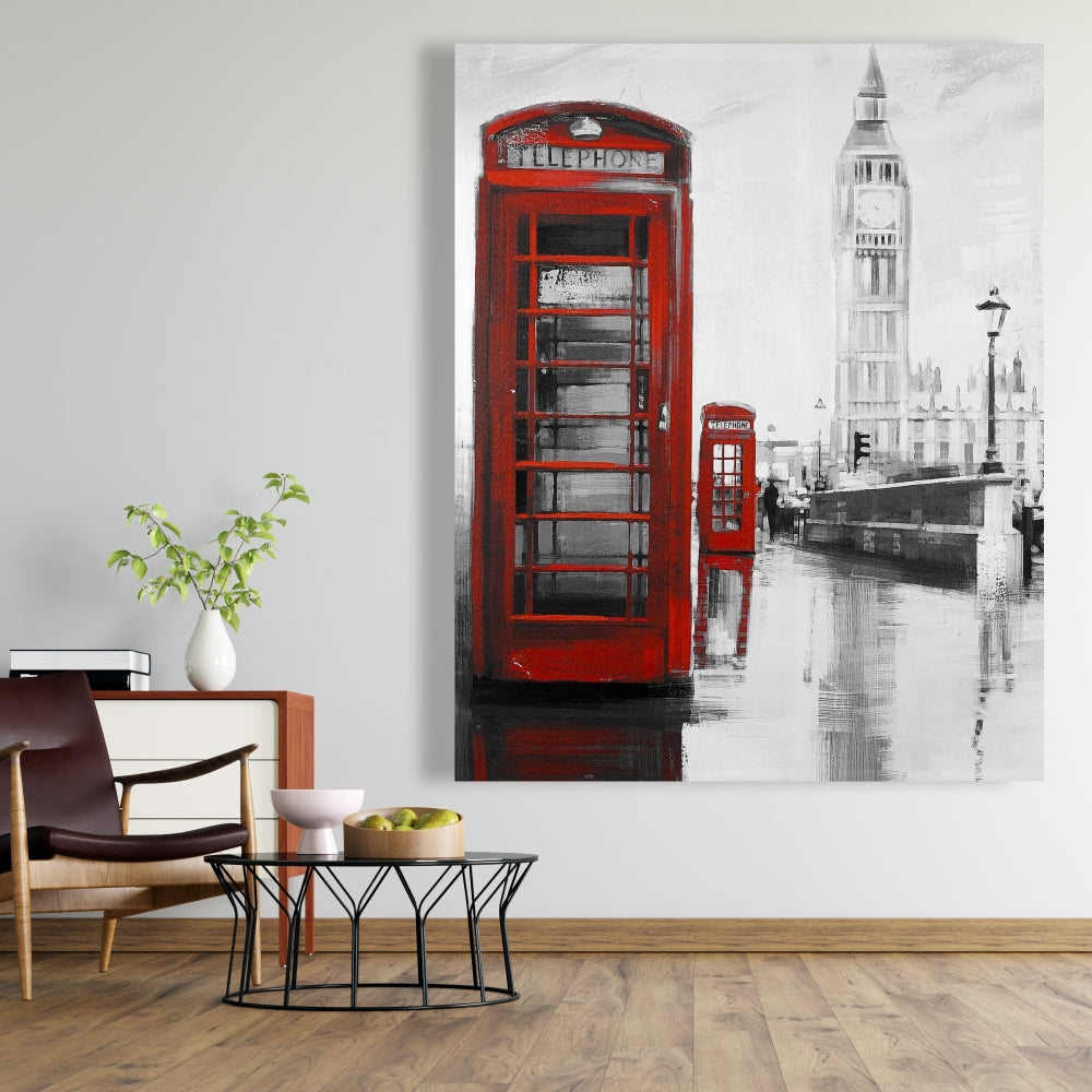 Red Phonebooth & Big Ben Gray Canvas - Bedroom Home Decor