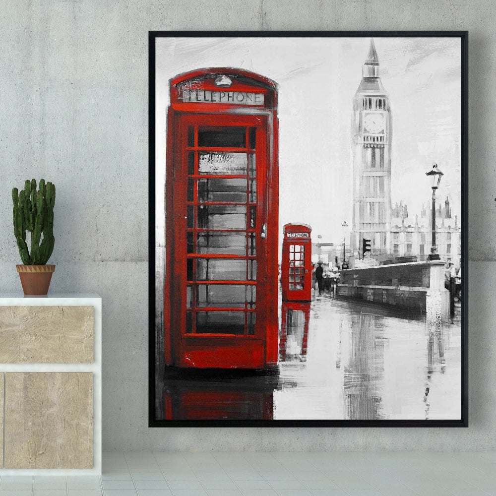 Red Phonebooth Big Ben Canvas | Gray Framed Wall Art Decor