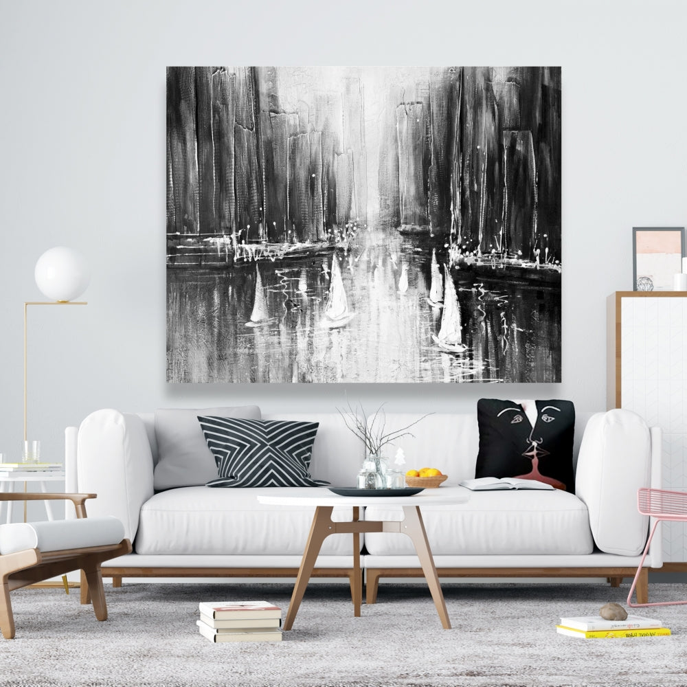 Coastal Bedroom White Canvas - Grayscale Boats Home Decor