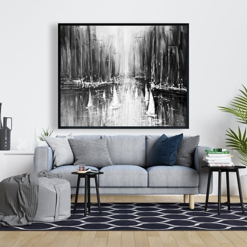 Bateaux en nuances de gris sur l'eau | Décoration de chambre monochrome sur toile