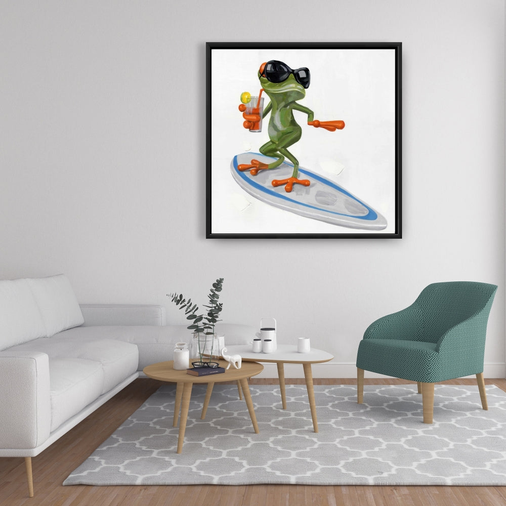 Funny Frog Surfing Canvas | Green Frame Home Decor Art