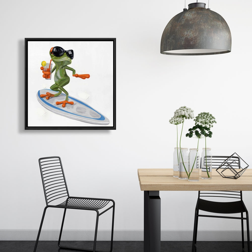 Funny Frog Surfing Canvas | Green Frame Home Decor Art
