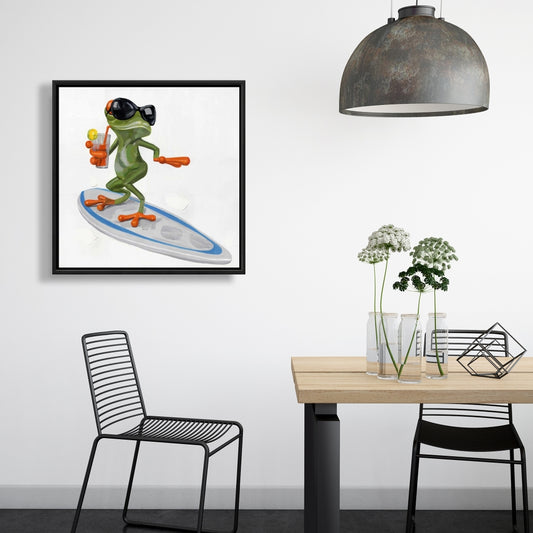 Toile « Grenouille amusante surfant » | Décoration d'intérieur avec cadre vert