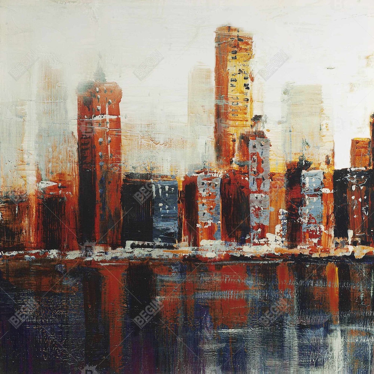 Paysage urbain abstrait rouge | Toile contemporaine bleue pour décoration intérieure