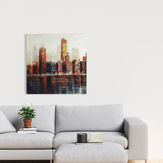 Paysage urbain abstrait rouge | Toile contemporaine bleue pour décoration intérieure