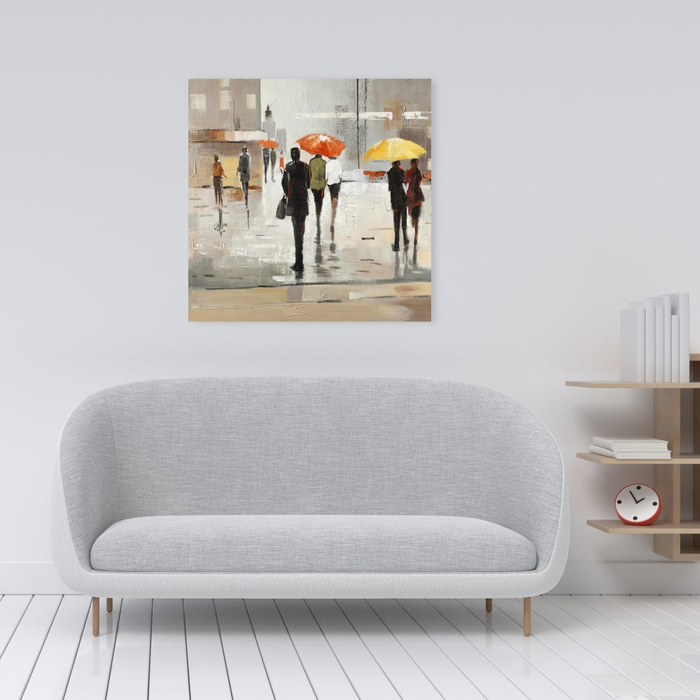 Contemporary Brown Canvas - Abstract Passersby with Umbrellas