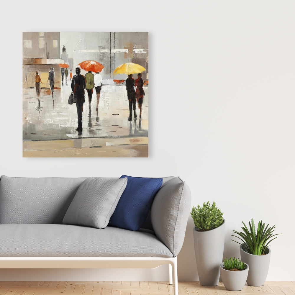 Contemporary Brown Canvas - Abstract Passersby with Umbrellas