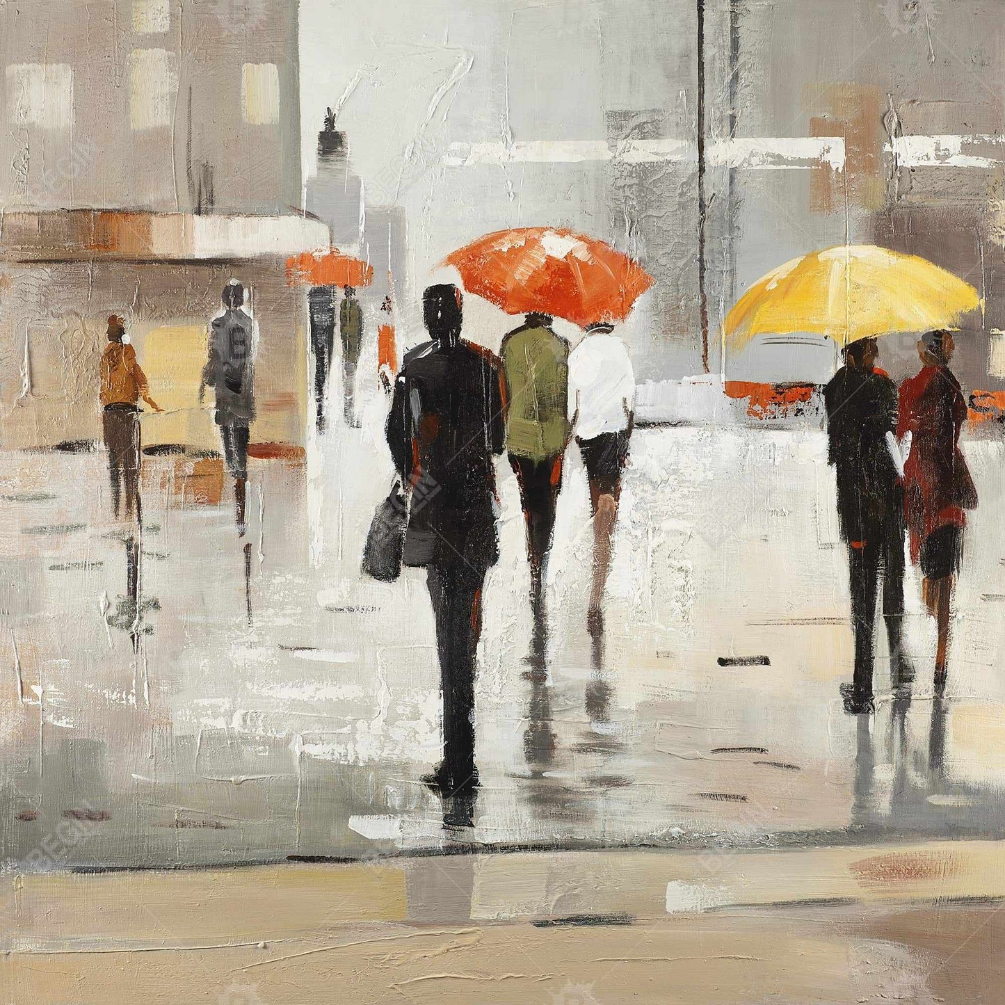 Contemporary Brown Canvas - Abstract Passersby with Umbrellas