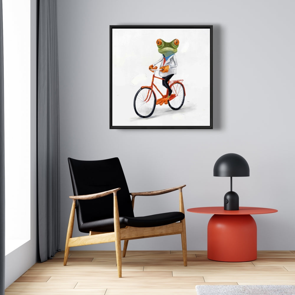 Funny Frog Riding a Bike Framed Canvas | Home Decor Art
