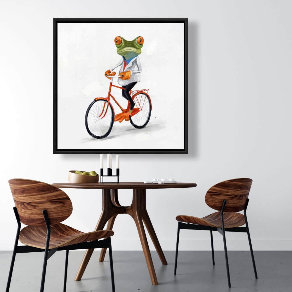 Funny Frog Riding a Bike Framed Canvas | Home Decor Art