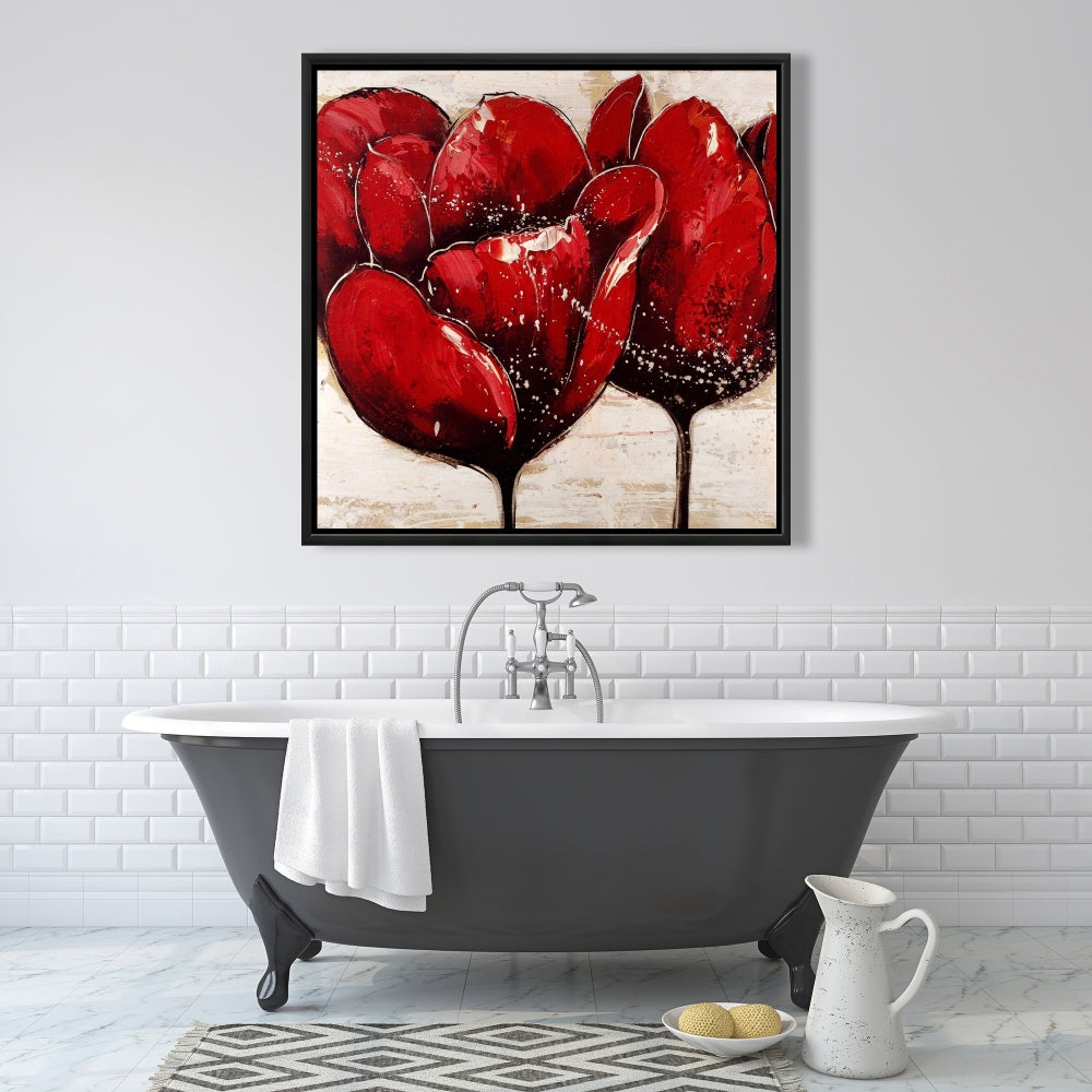 Toile encadrée « Gros plan de tulipes rouges » - Décoration murale florale pour chambre à coucher