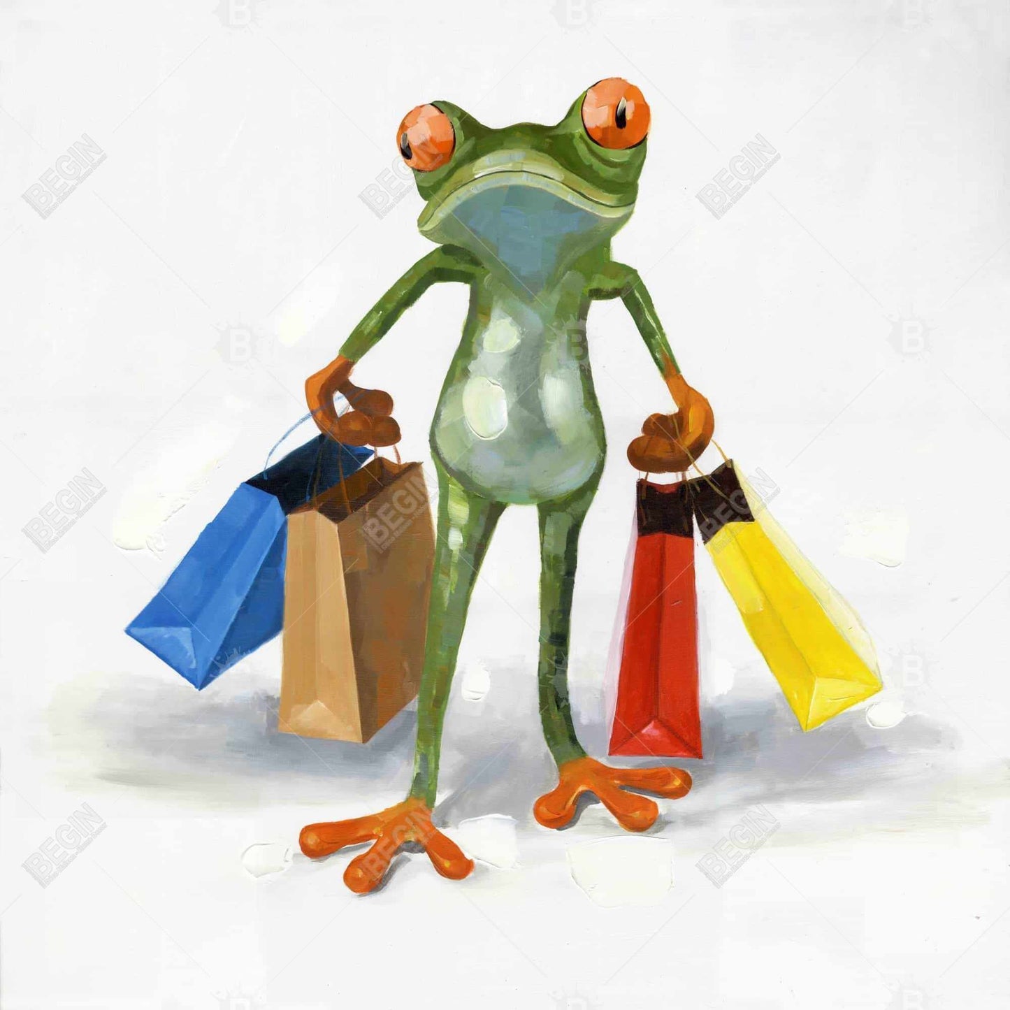 Funny Frog with Shopping Bags Canvas | Animal Bedroom Decor