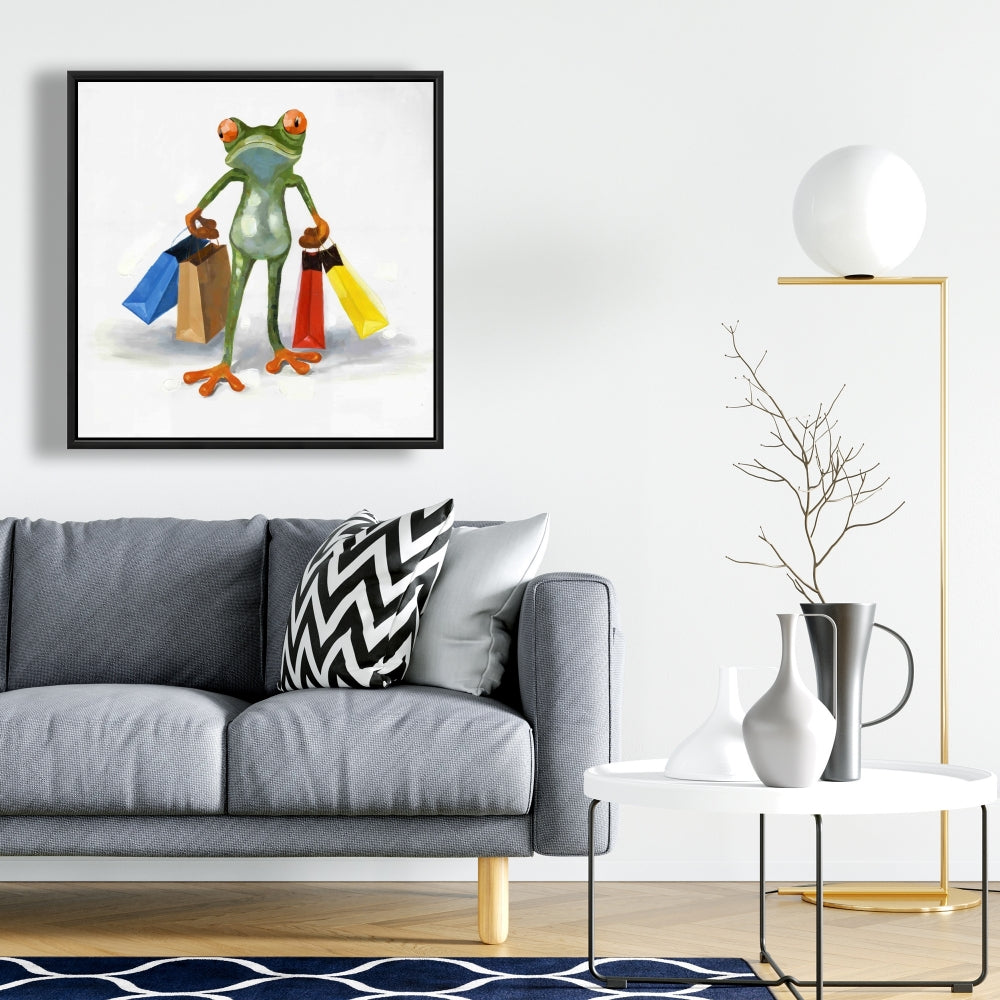 Funny Frog with Shopping Bags Canvas | Animal Bedroom Decor