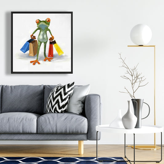 Toile « Grenouille amusante avec des sacs de courses » | Décoration de chambre animalière