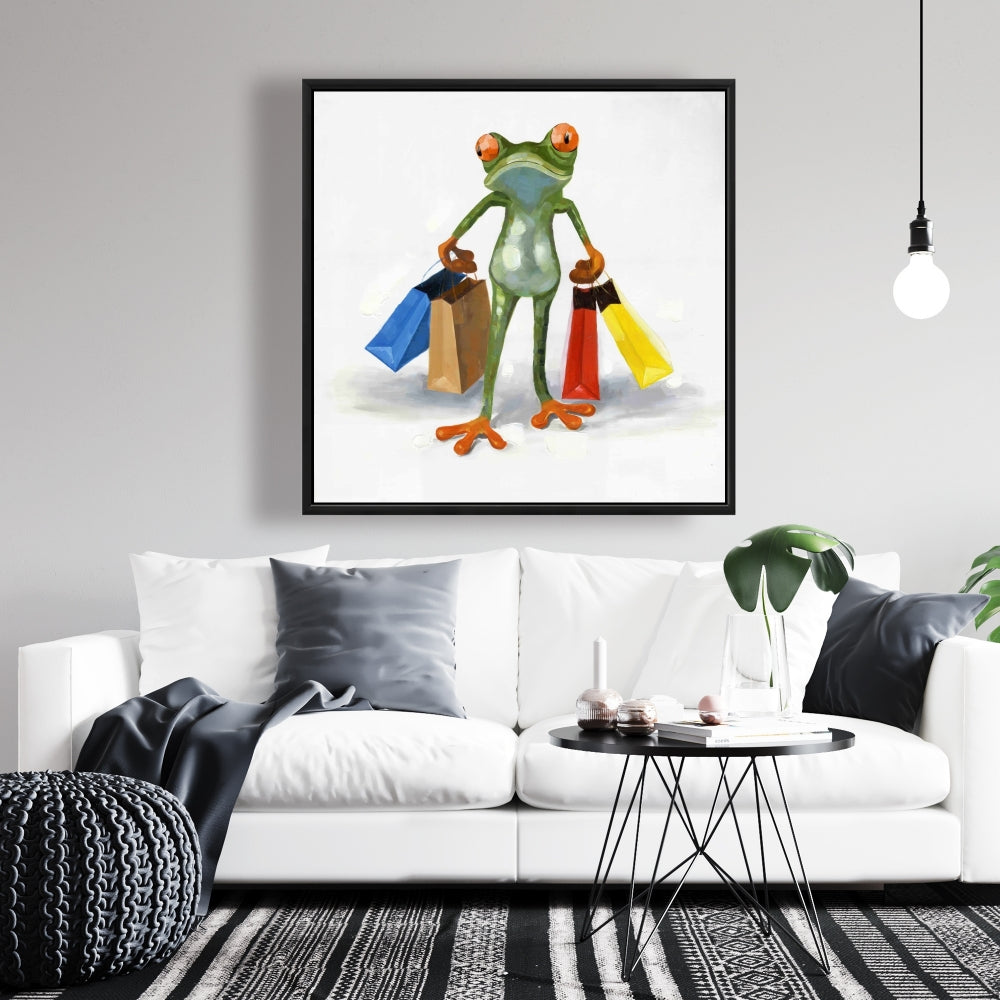 Funny Frog with Shopping Bags Canvas | Animal Bedroom Decor