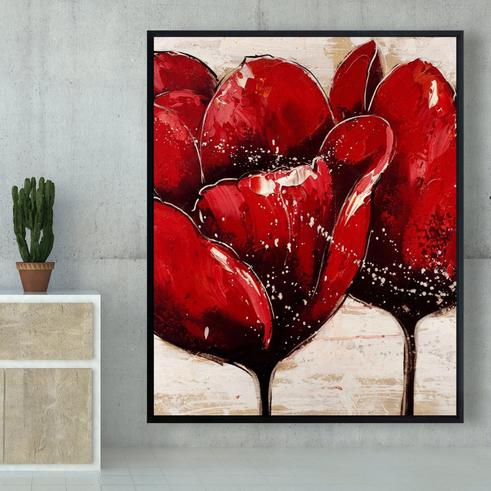 Toile encadrée « Gros plan de tulipes rouges » - Décoration murale florale pour chambre à coucher
