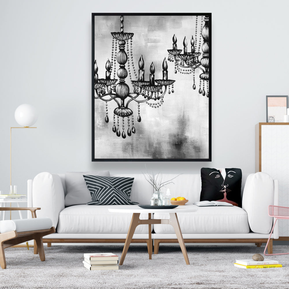 Deux lustres en cristal monochromes sur toile encadrée blanche