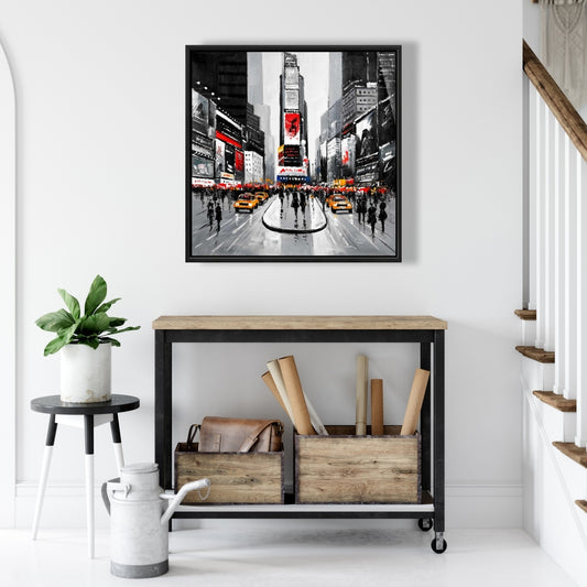 Toile de chambre à coucher avec un bâtiment gris | Décoration de rue animée à New York