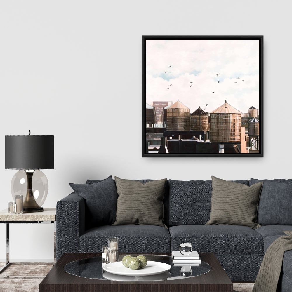 Water Towers | Blue Framed Canvas for Bedroom Decor