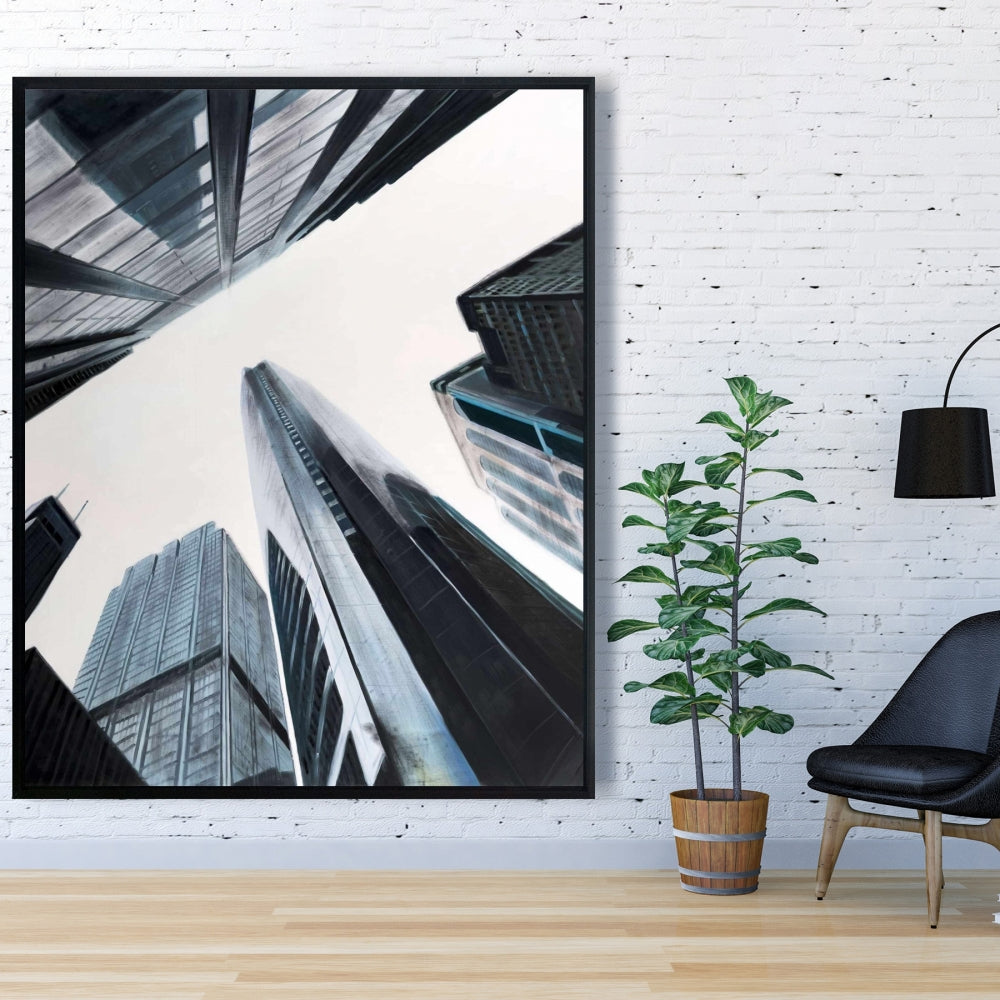 Perspective View of Skyscraper - Blue Cities Framed Canvas