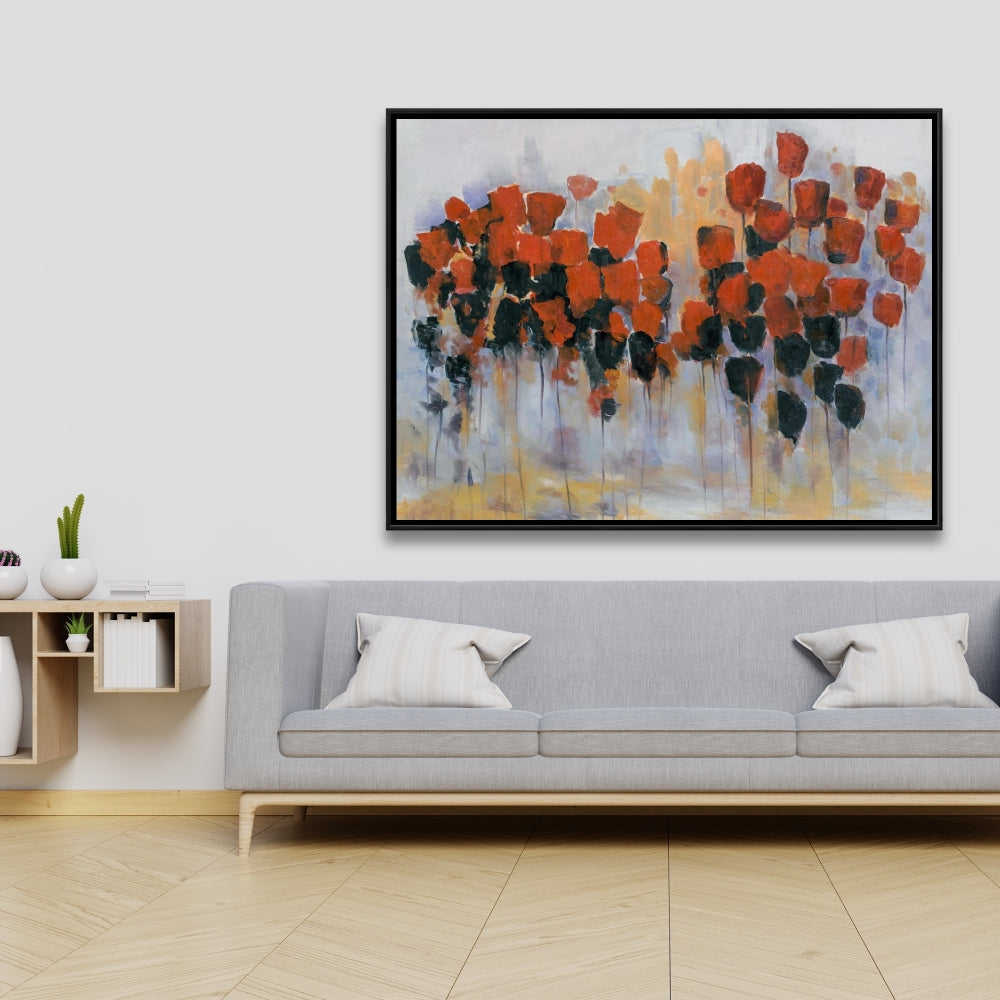 Abstract Yellow Bedroom Canvas - Red Flowers Field Decor