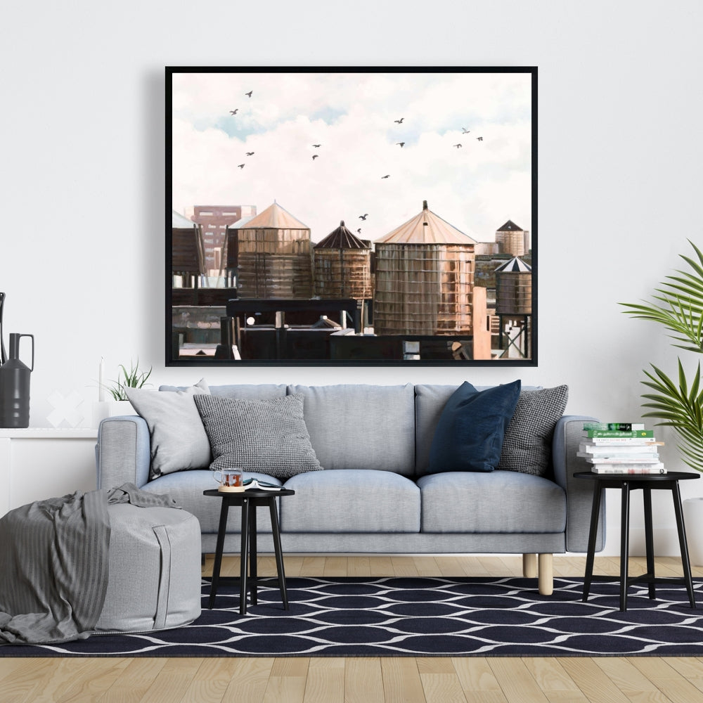 Water Towers | Blue Framed Canvas for Bedroom Decor