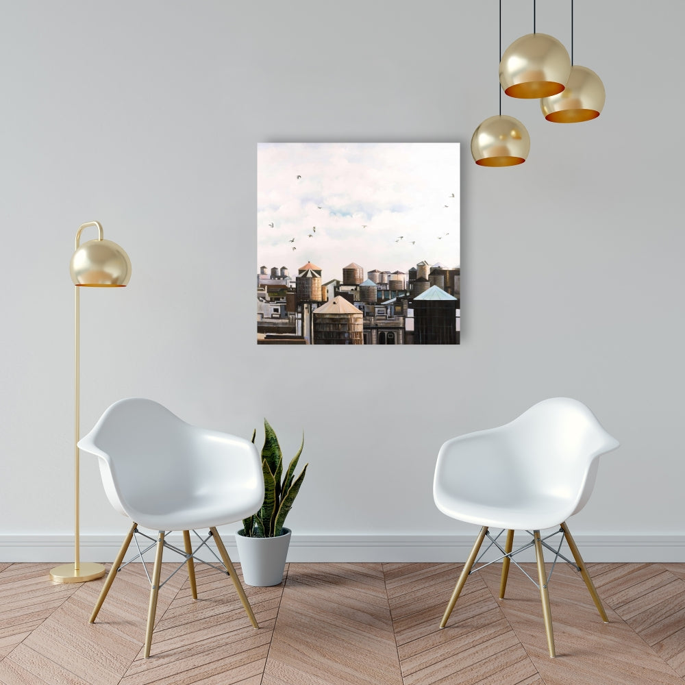 Water Towers with Birds Canvas | Modern Bedroom Wall Art Decor