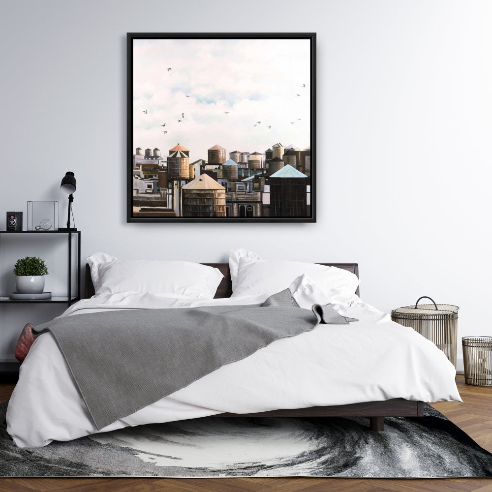 Blue Framed Canvas - Water Towers with Birds | Home Decor