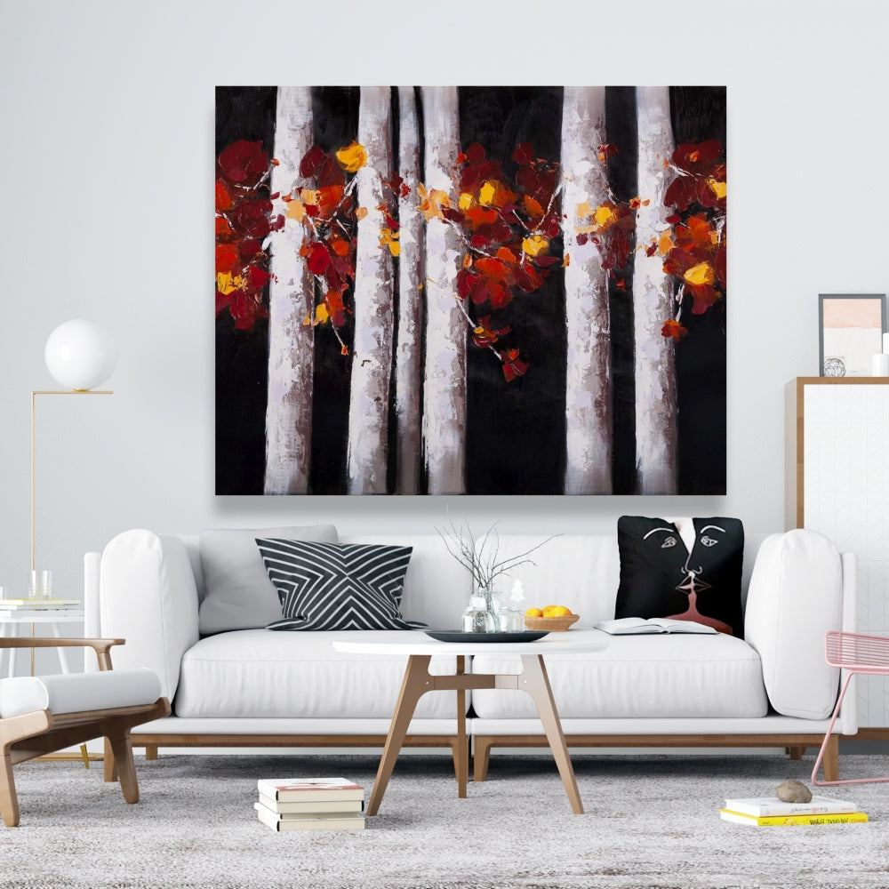 Toile Arbres blancs et feuilles oranges - Décoration de chambre contemporaine