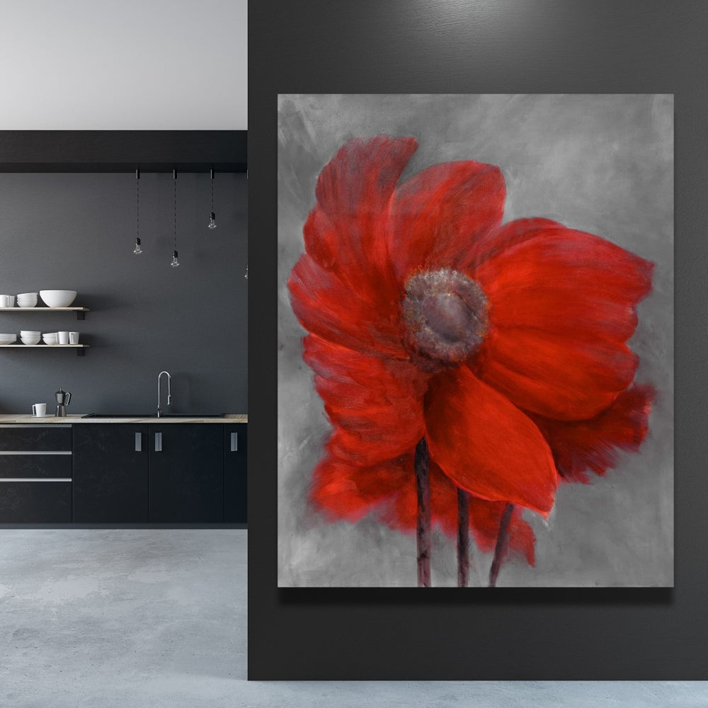 Gray Botanical Canvas - Red Flower in the Wind | Home Decor