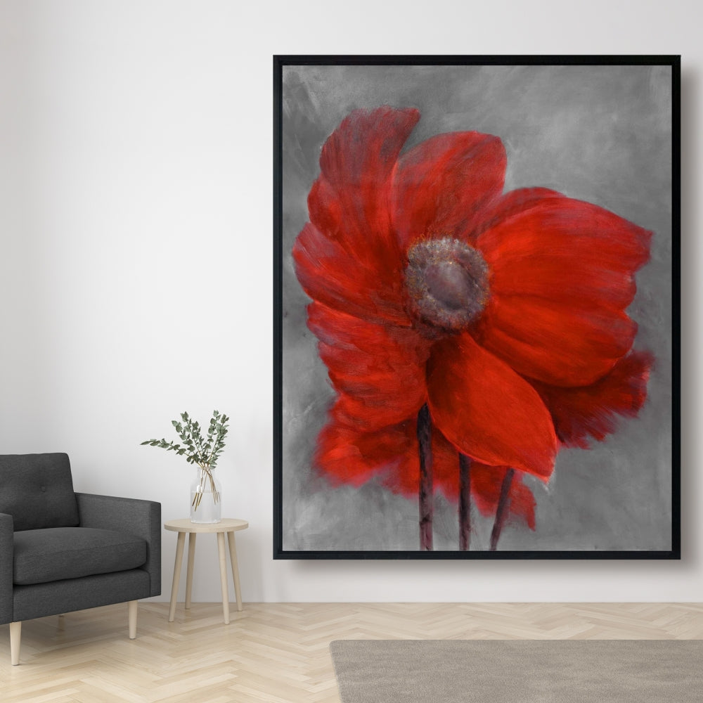 Fleur rouge dans le vent | Décoration botanique grise pour chambre à coucher