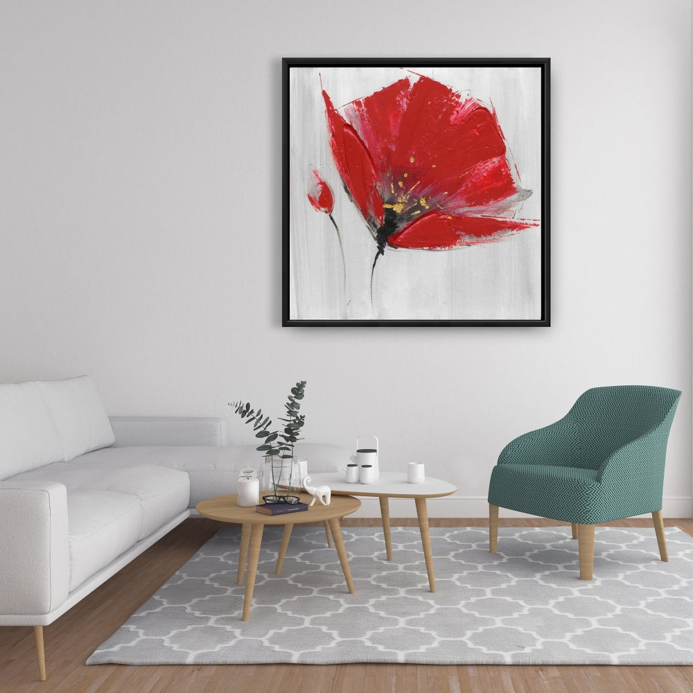Two Red Flowers Gray Canvas - Botanical Bedroom Wall Decor