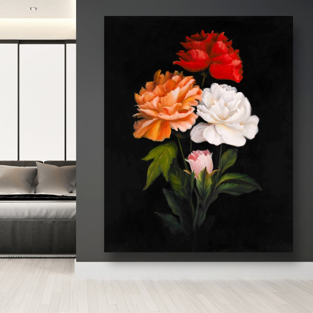 Romantic Black Floral Canvas - Three Beautiful Rose Flowers Decor