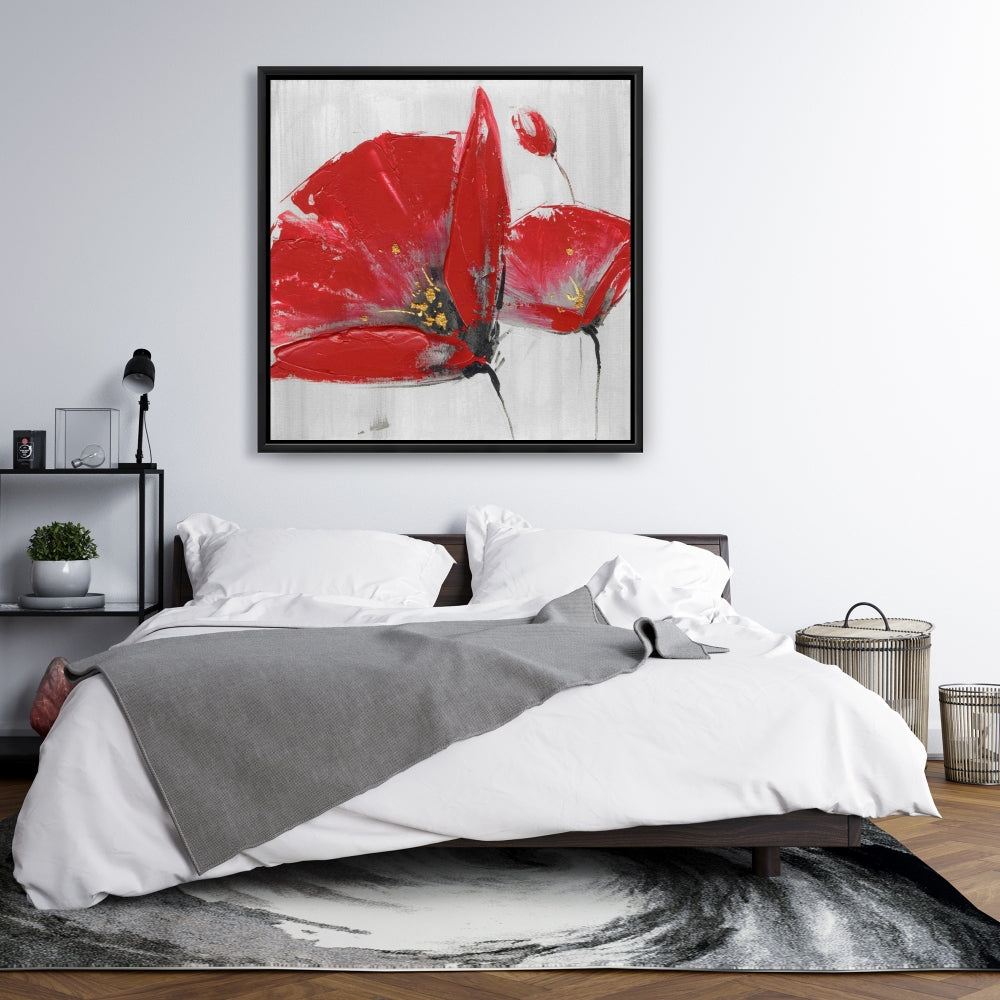 Contemporary Floral Framed Canvas - Three Red Flowers Decor