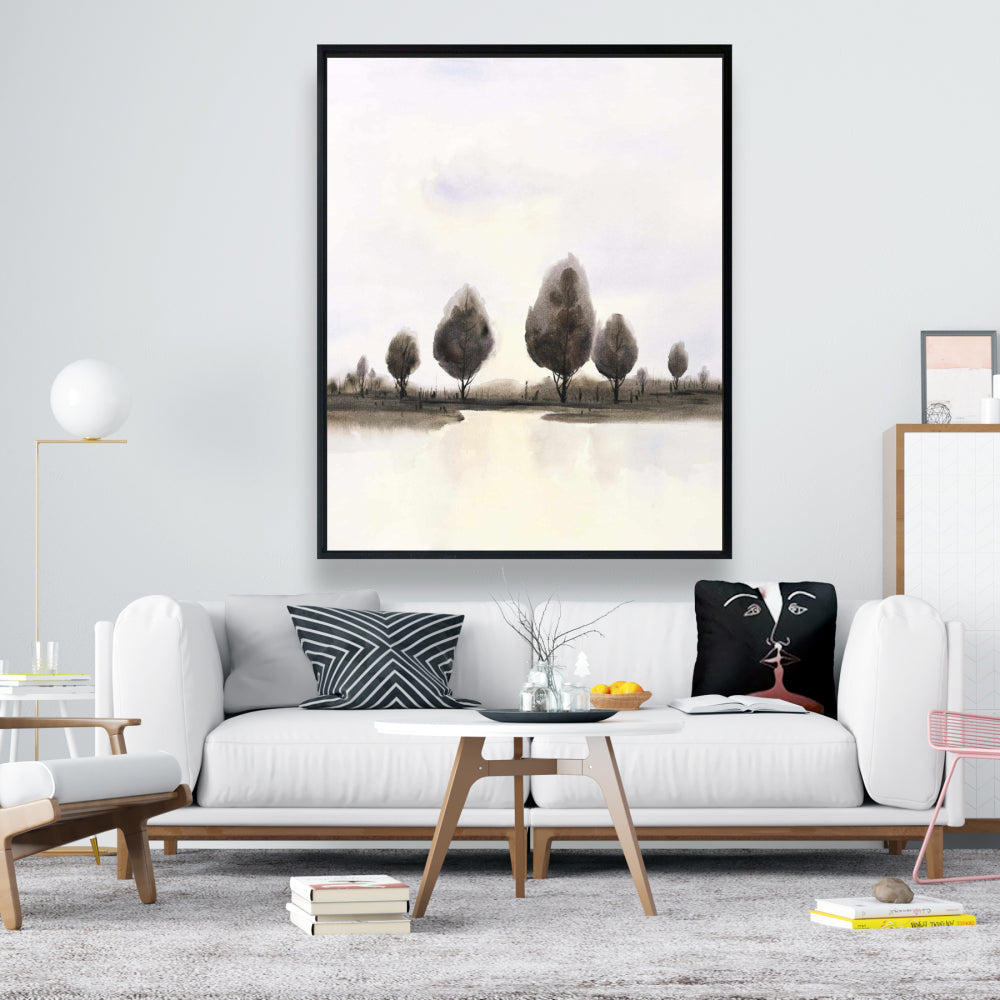 Toile Paysage abstrait avec arbres | Décoration d'intérieur encadrée bleue