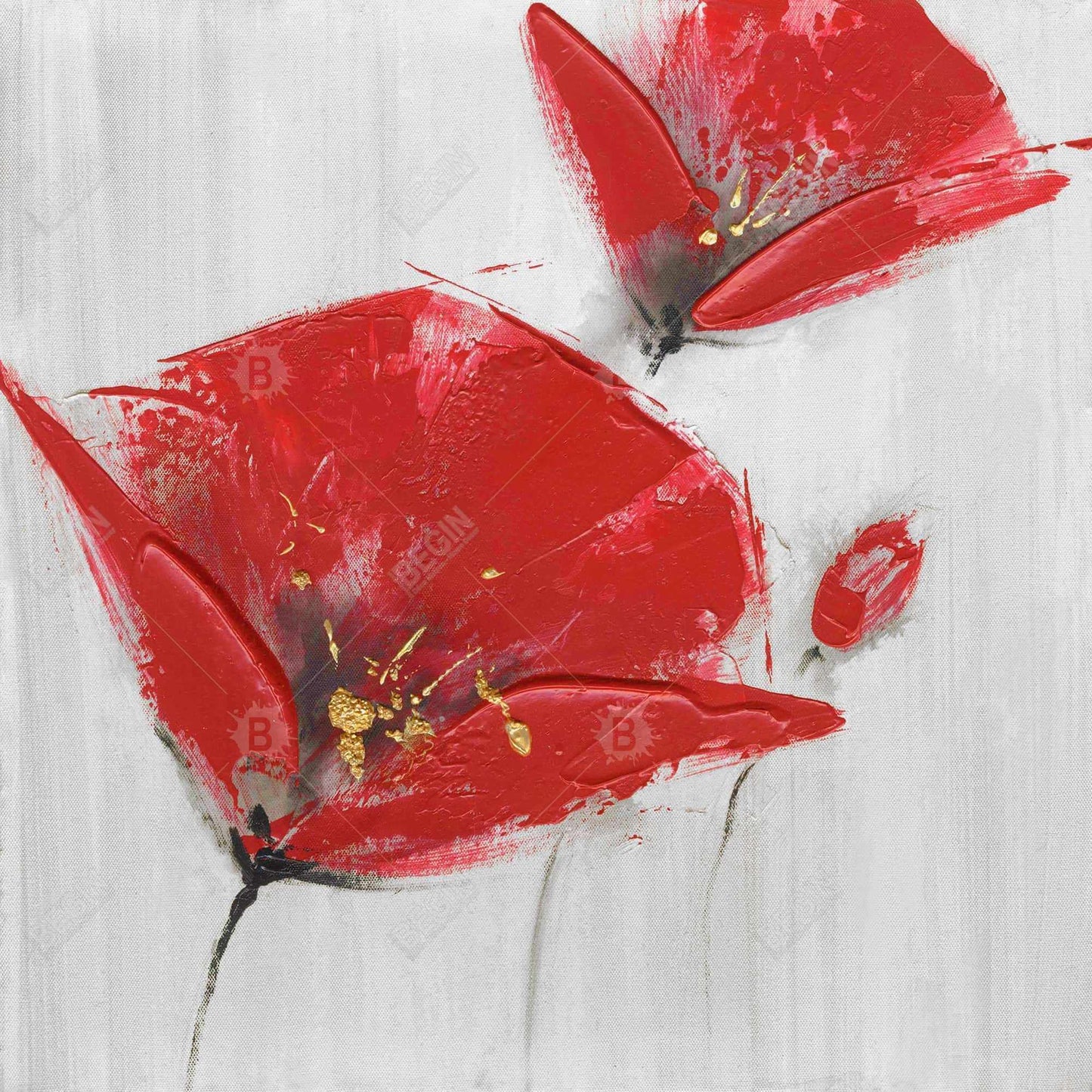 Toile botanique pour chambre à coucher : Trois fleurs rouges au centre doré