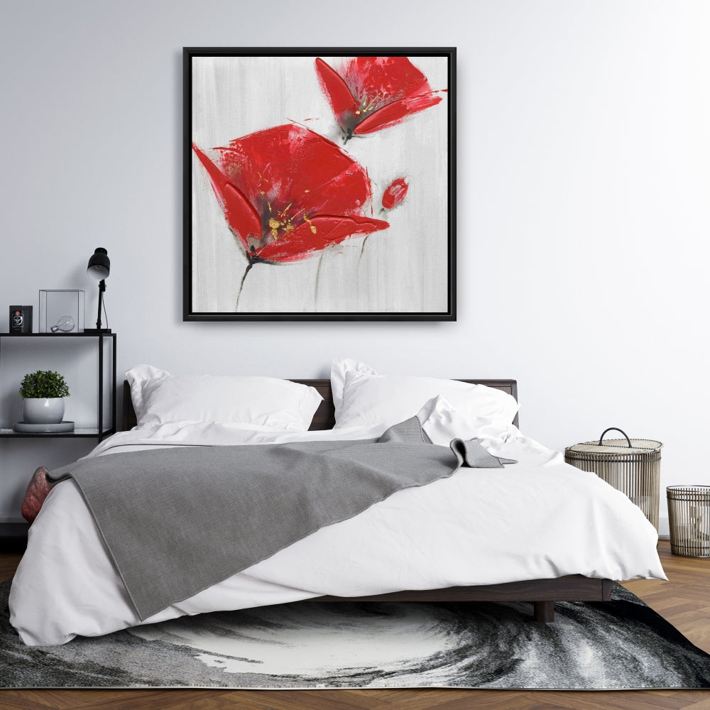 Toile botanique pour chambre à coucher : Trois fleurs rouges au centre doré