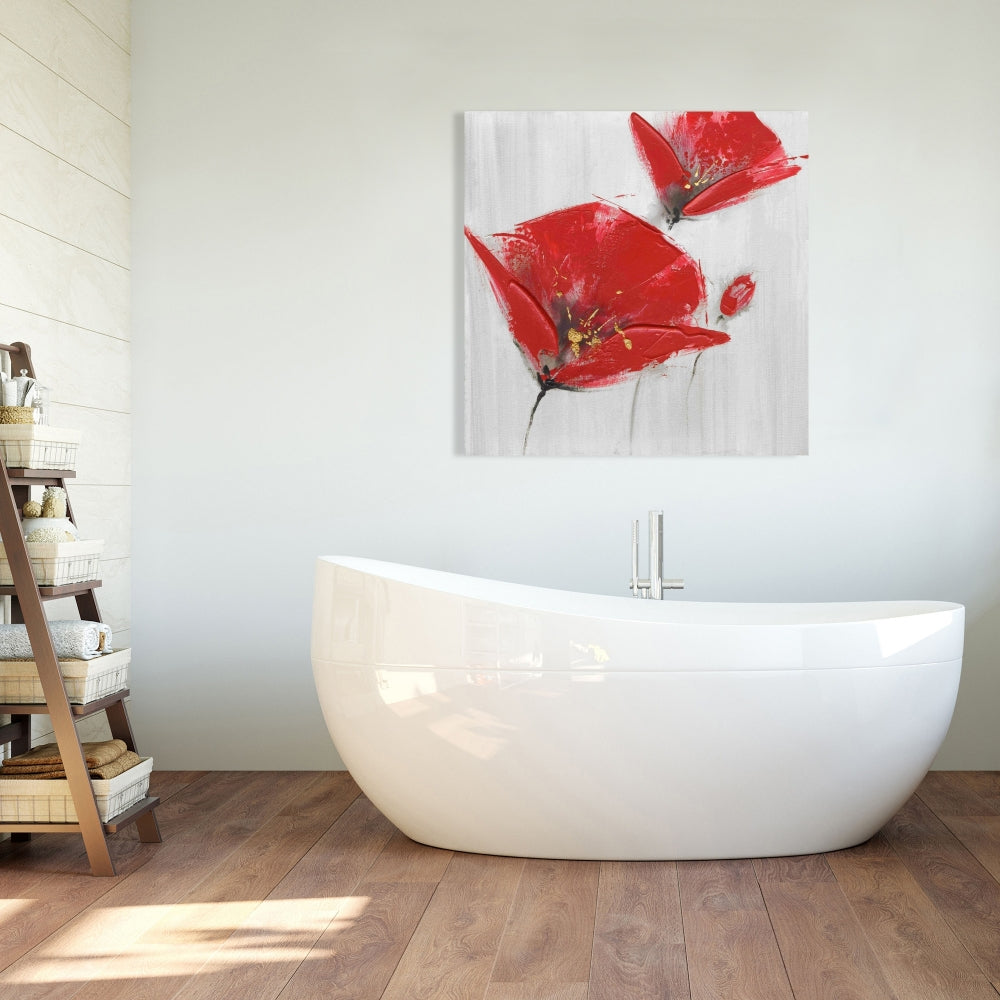 Bedroom Botanical Gray Canvas - Three Red Flowers Wall Decor