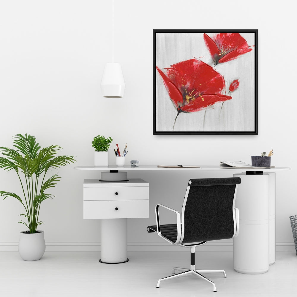 Toile botanique pour chambre à coucher : Trois fleurs rouges au centre doré