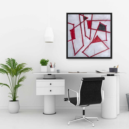 White Abstract Canvas - Red Outlines Shapes Home Decor Art